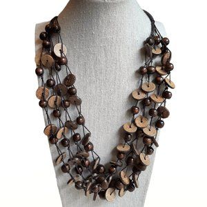 VTG Wood & Coconut Bead Multi Strand Necklace